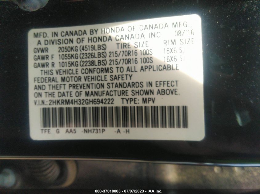 2016 HONDA CR-V LX - 2HKRM4H32GH694222