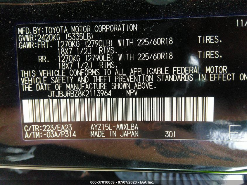 2019 LEXUS NX NX 300H - JTJBJRBZ8K2113964