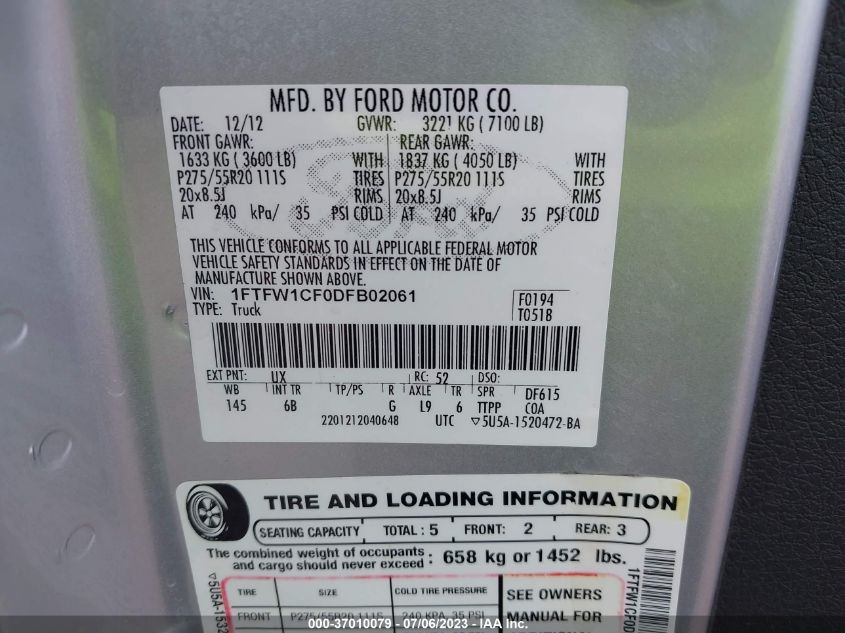 2013 FORD F-150 XL/XLT/FX2/LARIAT - 1FTFW1CF0DFB02061