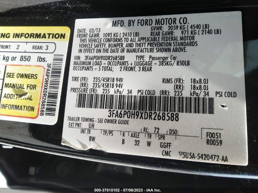 2013 FORD FUSION SE - 3FA6P0H9XDR268588