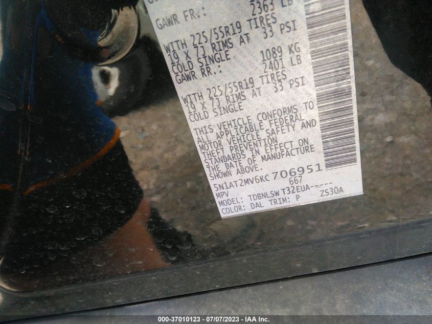 2019 NISSAN ROGUE S/SL/SV - 5N1AT2MV6KC706951