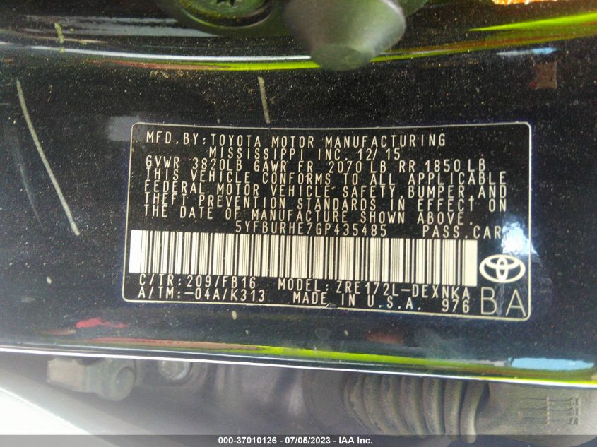 2016 TOYOTA COROLLA L/LE/S/S PLUS/LE PLUS - 5YFBURHE7GP435485