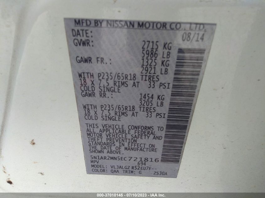 2014 NISSAN PATHFINDER SL - 5N1AR2MN5EC721816