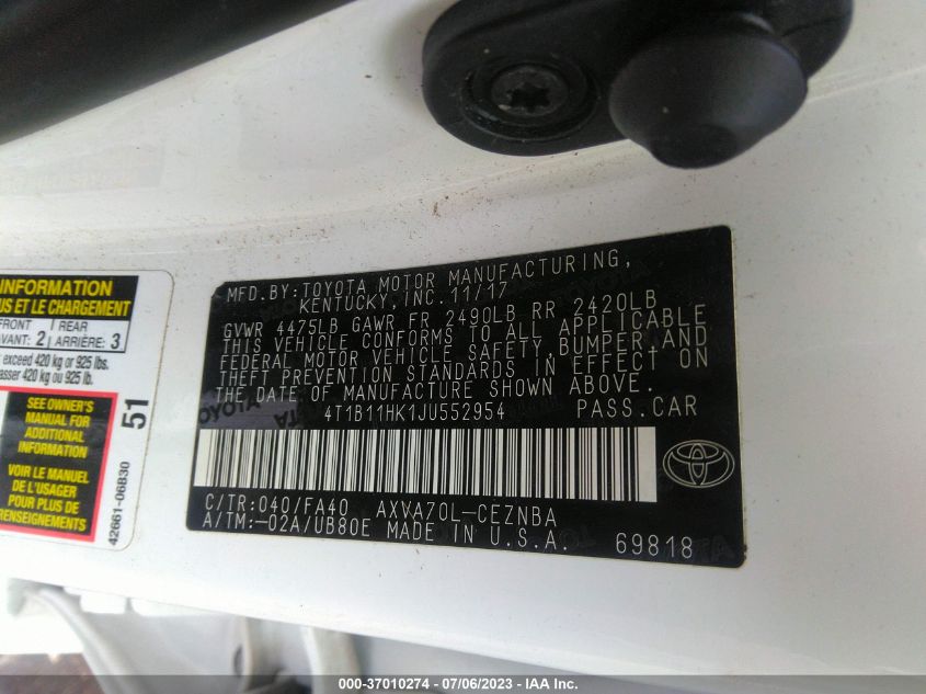 2018 TOYOTA CAMRY LE/SE/XLE/L - 4T1B11HK1JU552954