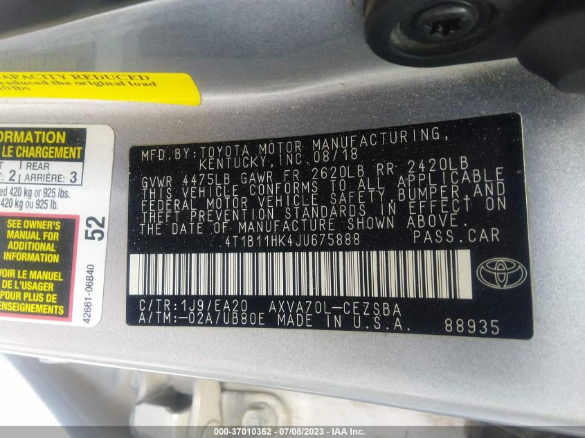 2018 TOYOTA CAMRY L/LE/XLE/SE/XSE - 4T1B11HK4JU675888