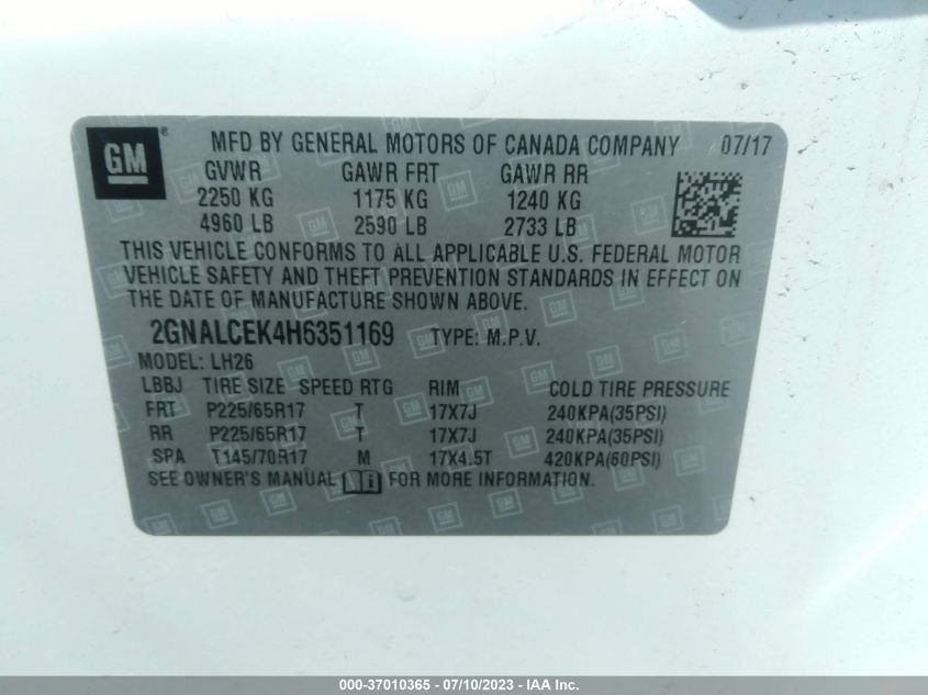2017 CHEVROLET EQUINOX LT - 2GNALCEK4H6351169