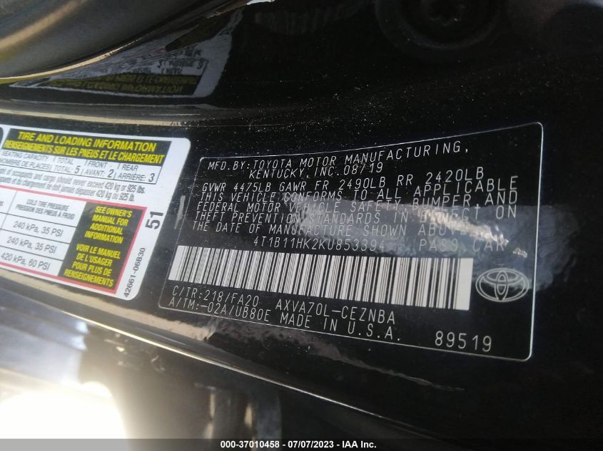 2019 TOYOTA CAMRY LE/SE/XLE/L - 4T1B11HK2KU853394