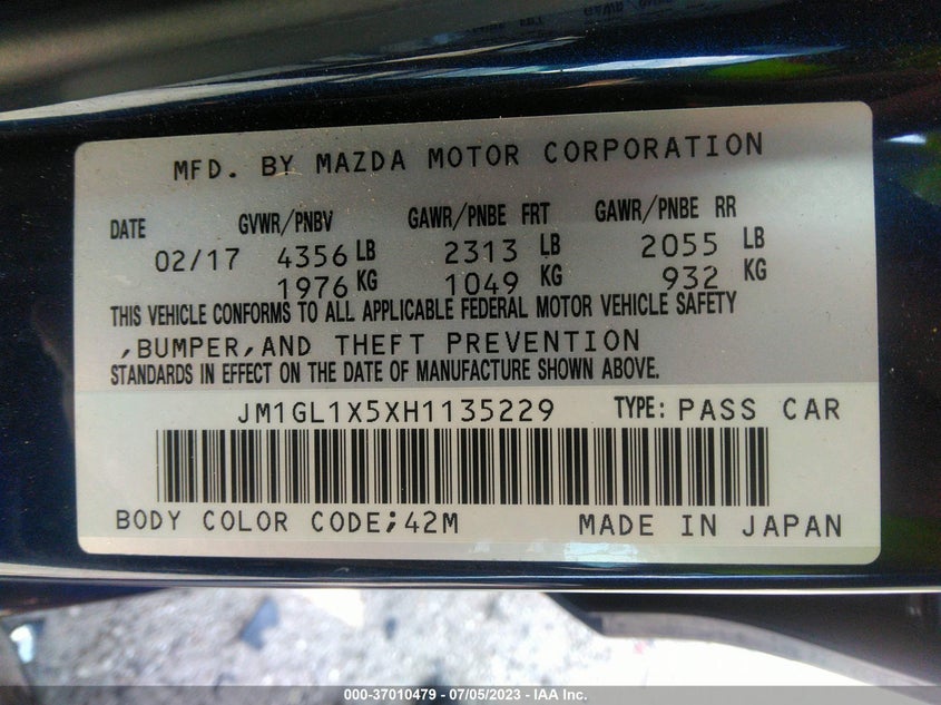 VIN JM1GL1X5XH1135229 2017 MAZDA MAZDA6 GRAND TOURING