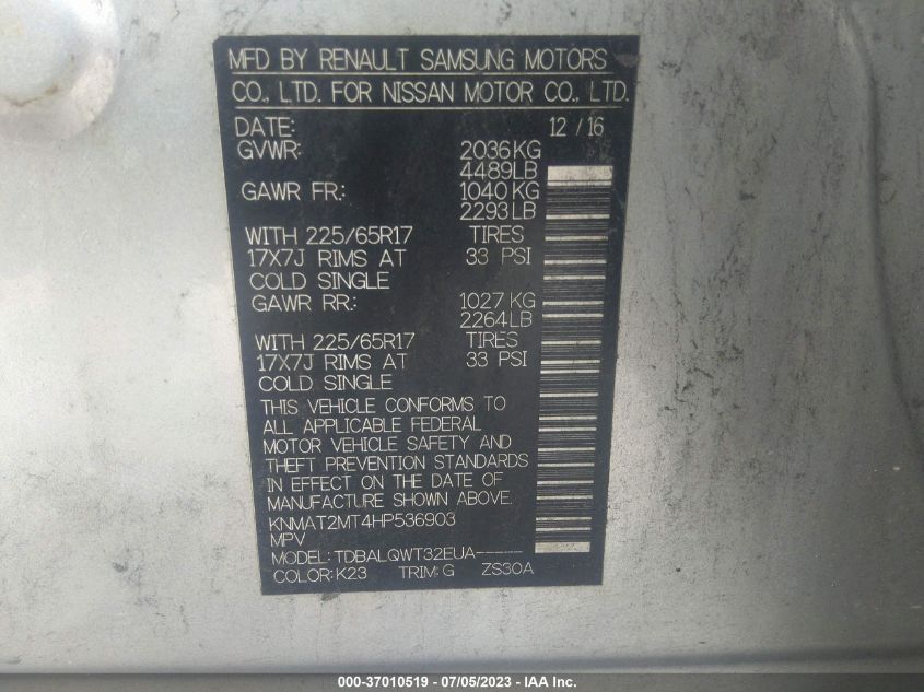2017 NISSAN ROGUE SV - KNMAT2MT4HP536903