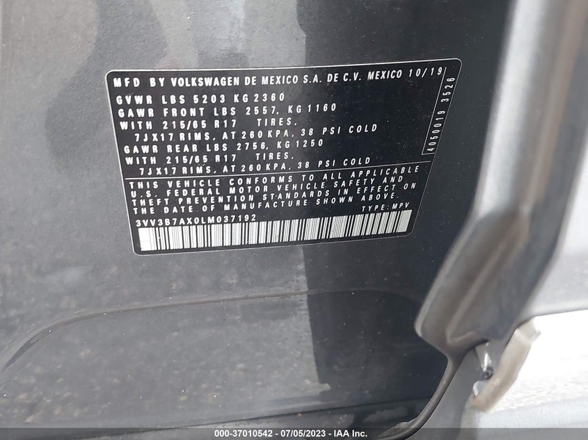 VIN 3VV3B7AX0LM037192 2020 VOLKSWAGEN TIGUAN SE/SEL/SE R-LINE BLACK