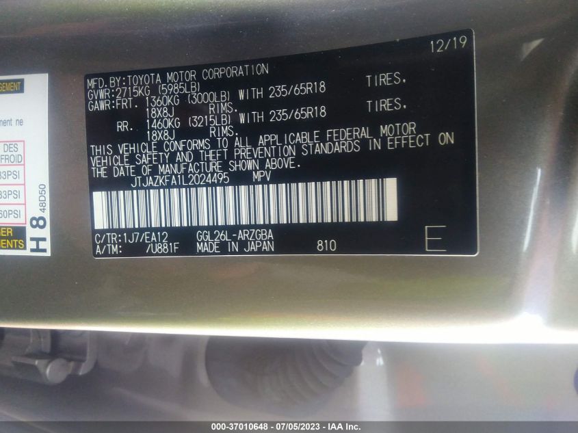 2020 LEXUS RX RX 350L - JTJAZKFA1L2024495