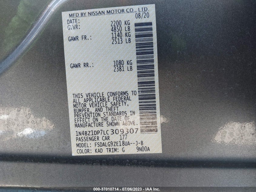 VIN 1N4BZ1DP7LC309307 2020 NISSAN LEAF SL PLUS