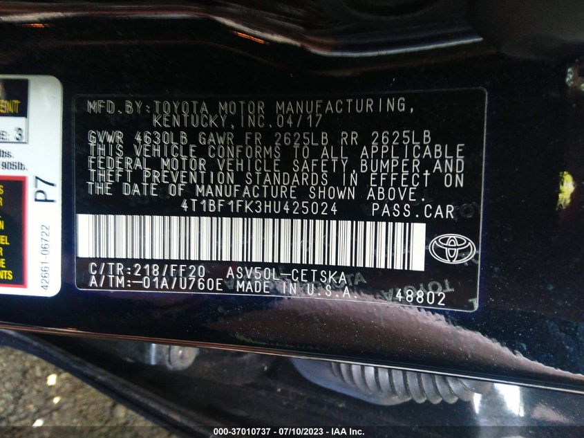 2017 TOYOTA CAMRY XLE/SE/LE/XSE - 4T1BF1FK3HU425024