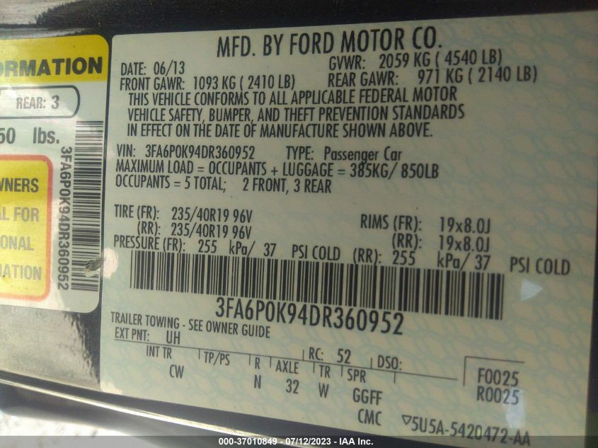 2013 FORD FUSION TITANIUM - 3FA6P0K94DR360952