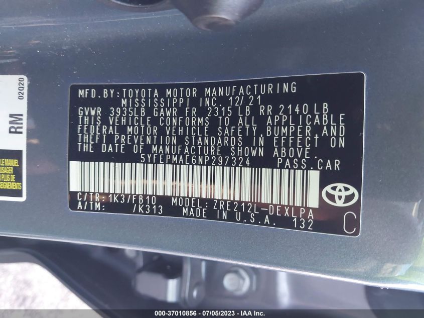 2022 TOYOTA COROLLA LE - 5YFEPMAE6NP297324