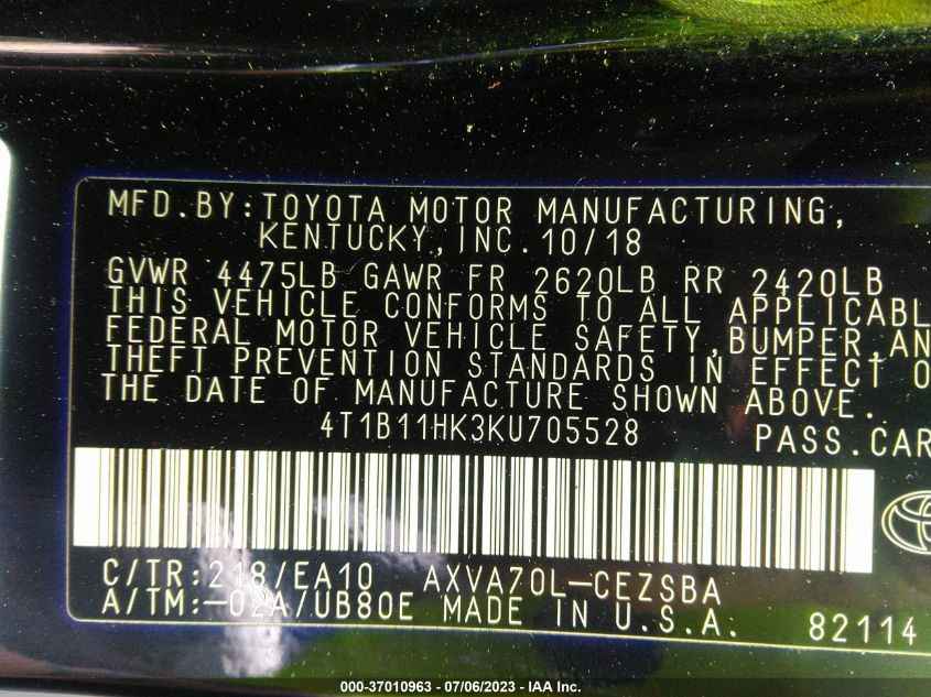 2019 TOYOTA CAMRY LE/SE/XLE/L - 4T1B11HK3KU705528