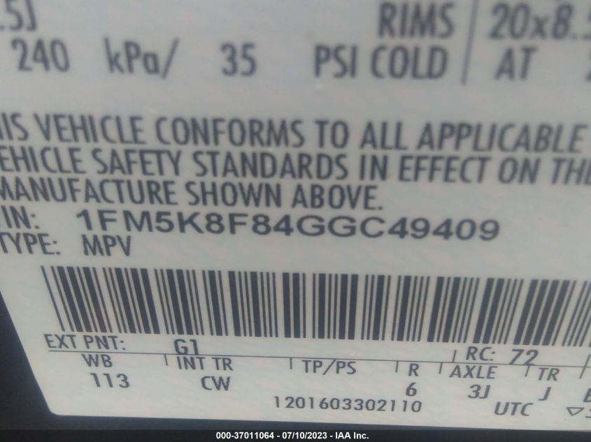 2016 FORD EXPLORER LIMITED - 1FM5K8F84GGC49409