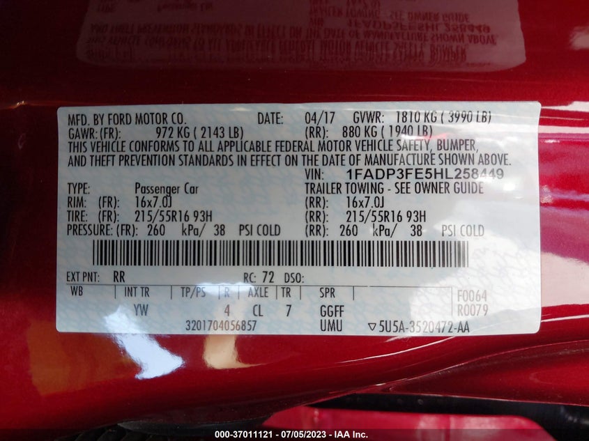VIN 1FADP3FE5HL258449 2017 FORD FOCUS SE