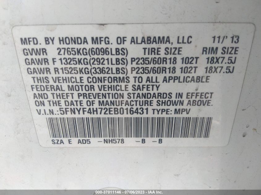 2014 HONDA PILOT EX-L - 5FNYF4H72EB016431