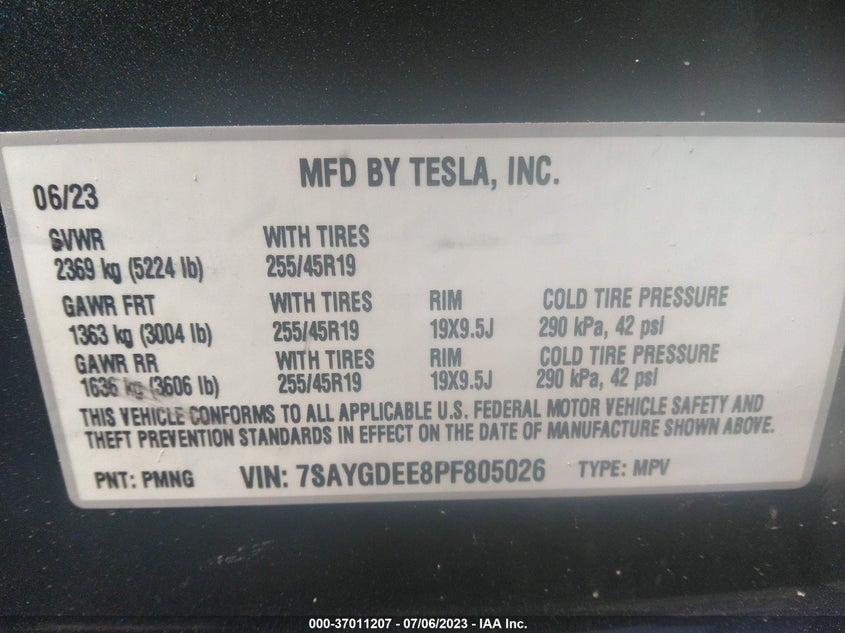 VIN 7SAYGDEE8PF805026 2023 TESLA MODEL Y
