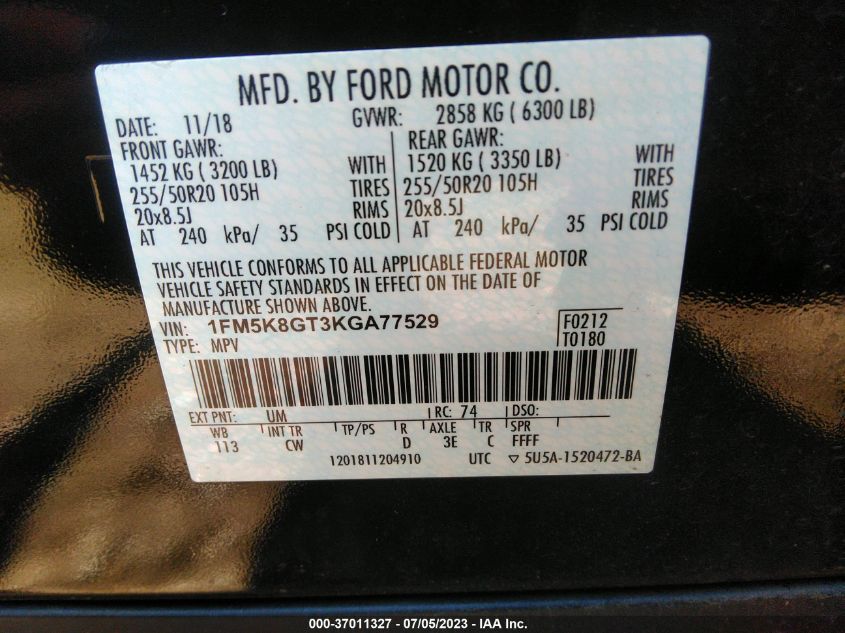2019 FORD EXPLORER SPORT - 1FM5K8GT3KGA77529