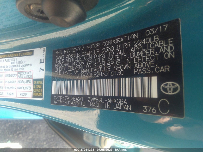 VIN JTDKARFP2H3016130 2017 TOYOTA PRIUS PRIME PLUS/PREMIUM/ADVANCED