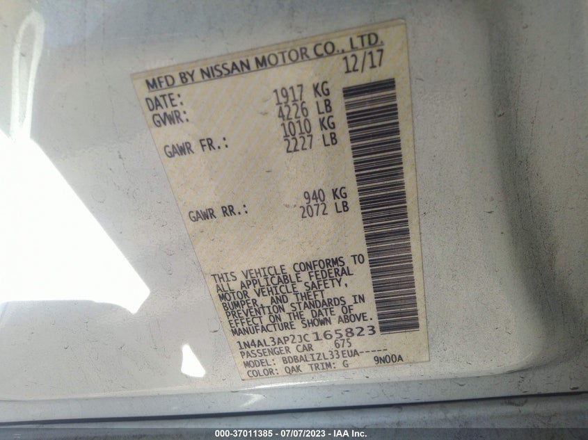 VIN 1N4AL3AP2JC165823 2018 NISSAN ALTIMA 2.5/S/SV/SL/SR