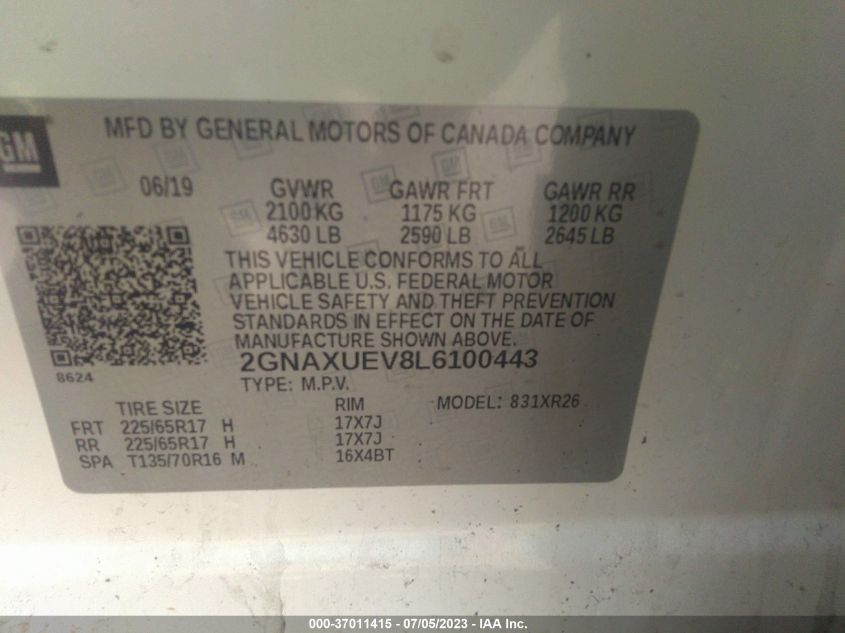 2020 CHEVROLET EQUINOX LT - 2GNAXUEV8L6100443