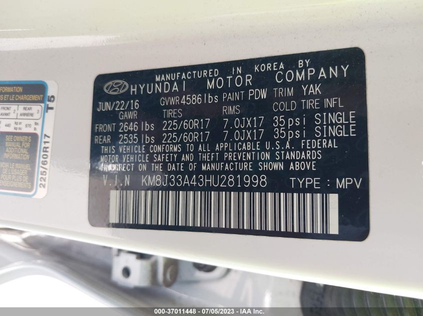 2017 HYUNDAI TUCSON SE - KM8J33A43HU281998