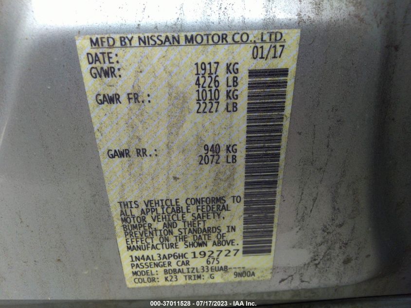 2017 NISSAN ALTIMA 2.5 SV - 1N4AL3AP6HC192727