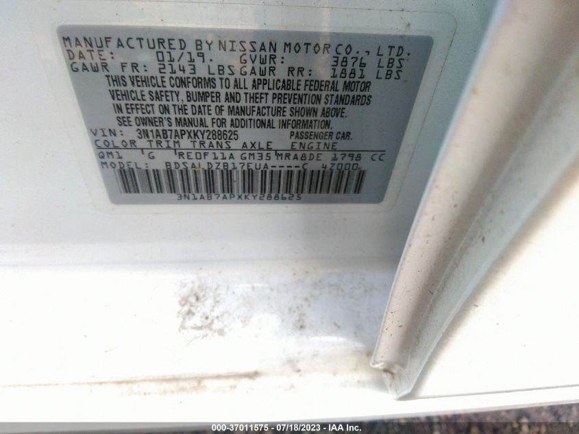 2019 NISSAN SENTRA SV - 3N1AB7APXKY288625