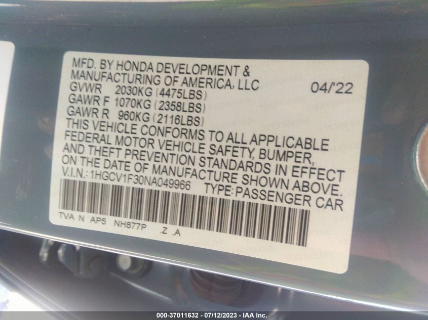 2022 HONDA ACCORD SEDAN SPORT - 1HGCV1F30NA049966
