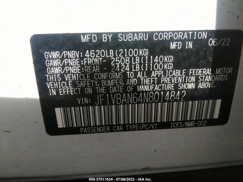 2022 SUBARU WRX LIMITED - JF1VBAN64N8014842