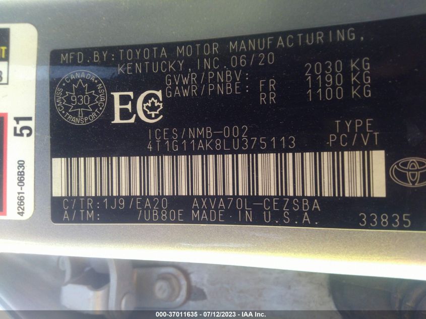 2020 TOYOTA CAMRY SE/SE NIGHT SHADE - 4T1G11AK8LU375113