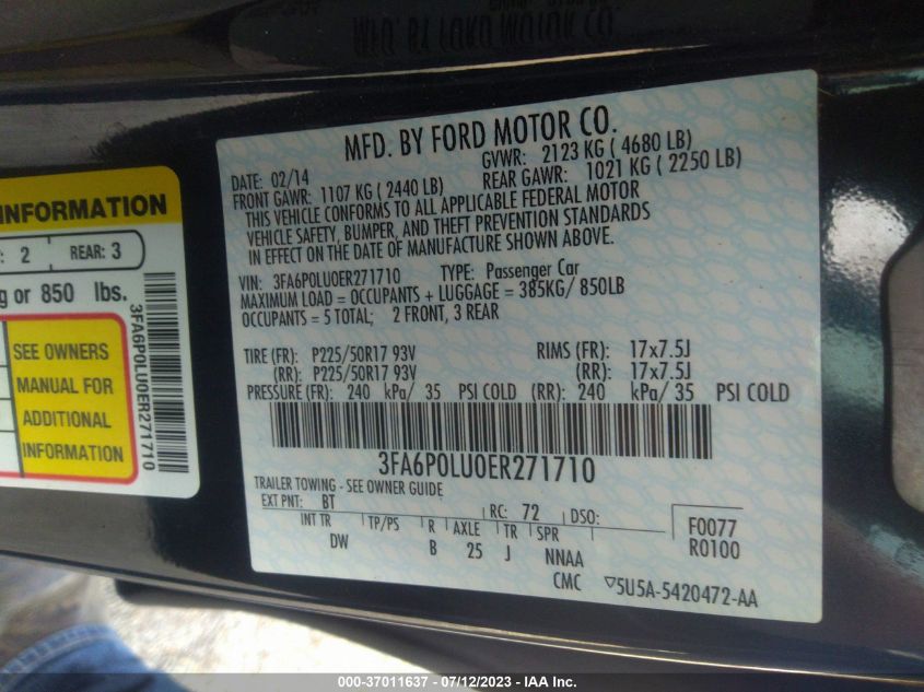 2014 FORD FUSION SE HYBRID - 3FA6P0LU0ER271710