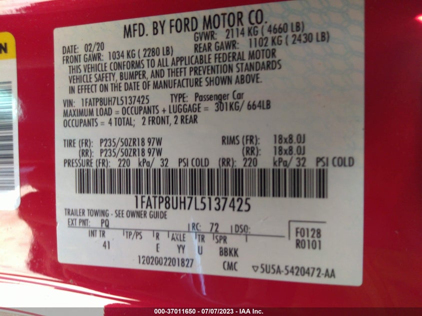 VIN 1FATP8UH7L5137425 2020 FORD MUSTANG ECOBOOST