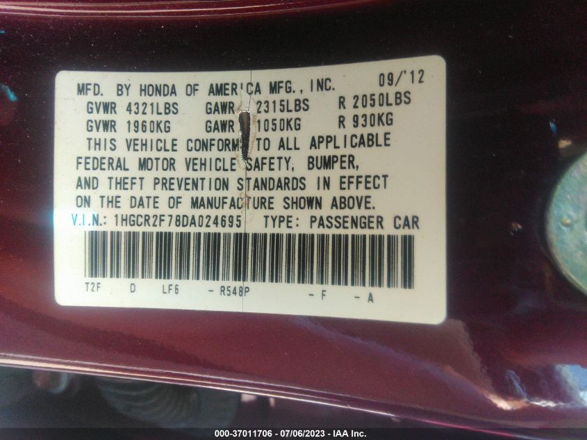 2013 HONDA ACCORD SDN EX - 1HGCR2F78DA024695