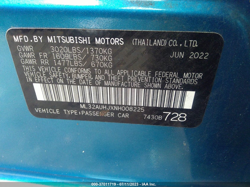 VIN ML32AUHJXNH008225 2022 MITSUBISHI MIRAGE ES/LE