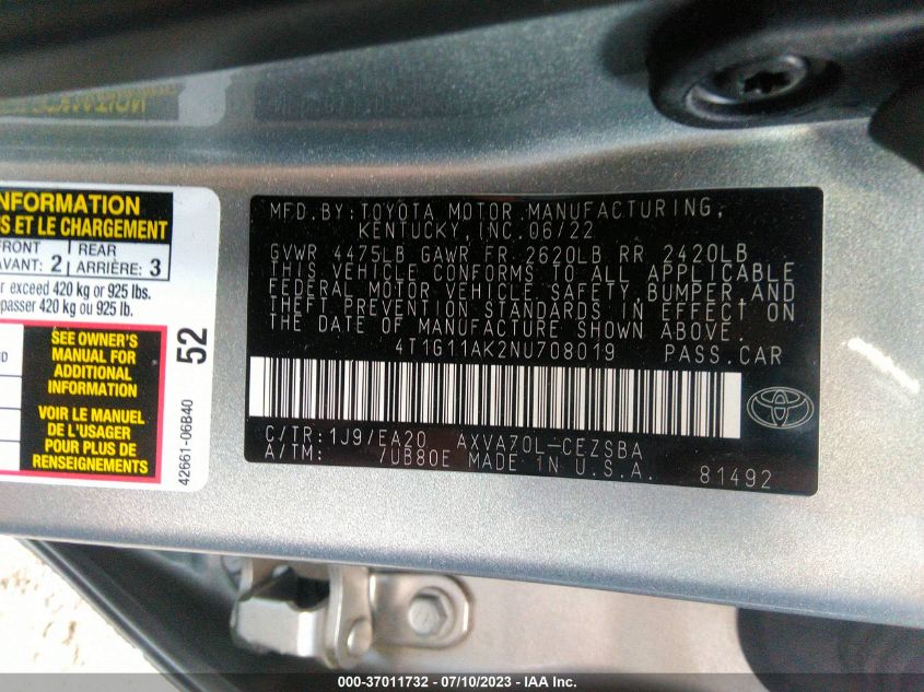 2022 TOYOTA CAMRY SE - 4T1G11AK2NU708019