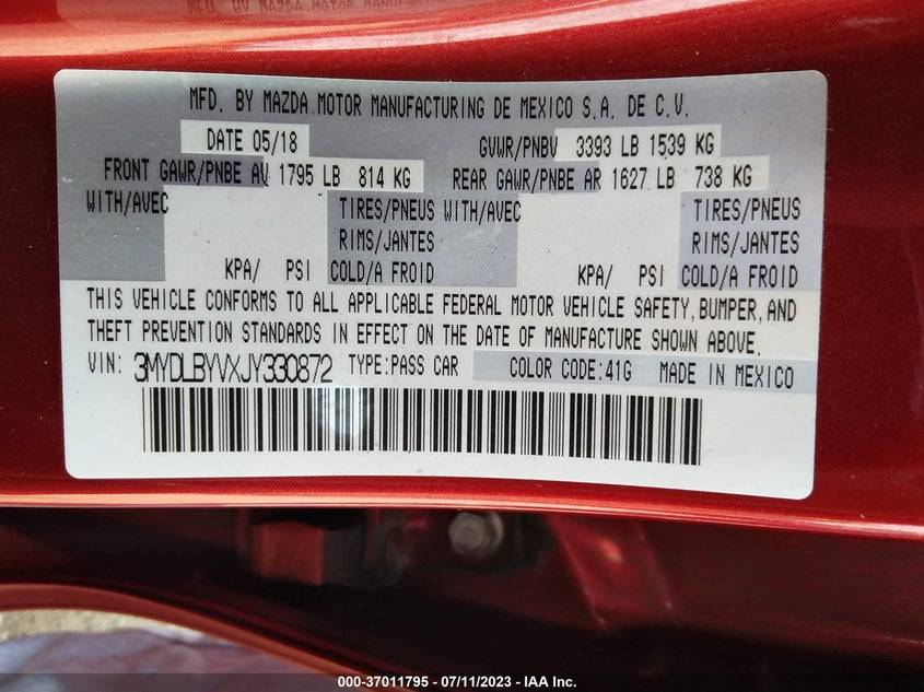 VIN 3MYDLBYVXJY330872 2018 TOYOTA YARIS IA