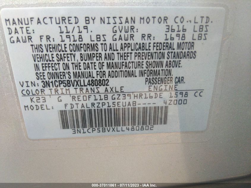 2020 NISSAN KICKS S - 3N1CP5BVXLL480802