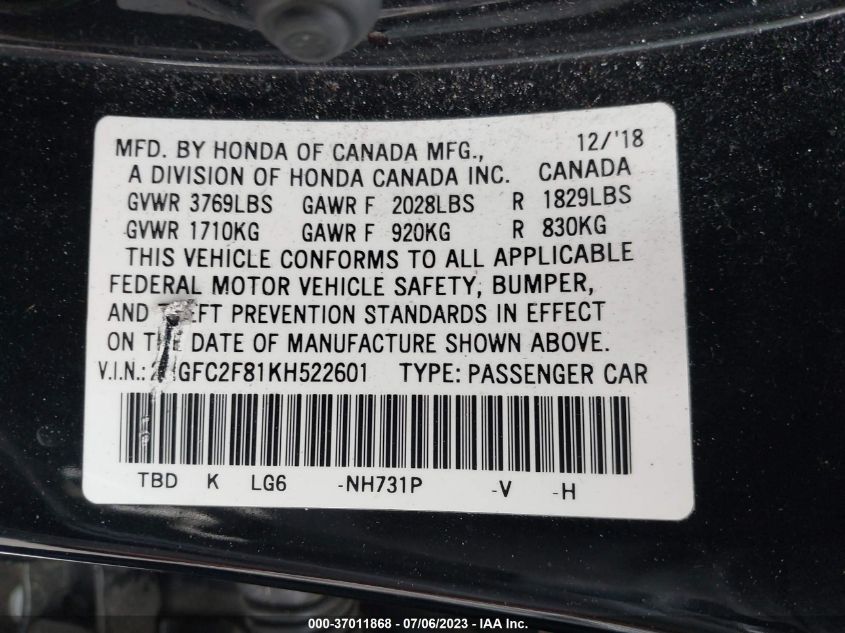 2019 HONDA CIVIC SEDAN SPORT - 2HGFC2F81KH522601