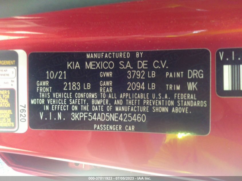 2022 KIA FORTE GT-LINE - 3KPF54AD5NE425460
