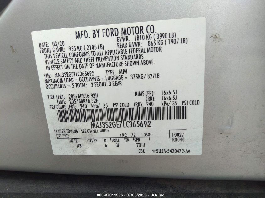 2020 FORD ECOSPORT SE - MAJ3S2GE7LC365692