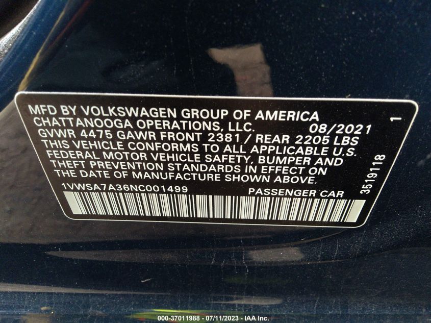 2022 VOLKSWAGEN PASSAT SE - 1VWSA7A36NC001499