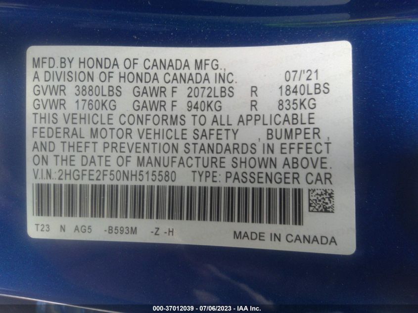 2022 HONDA CIVIC SEDAN SPORT - 2HGFE2F50NH515580