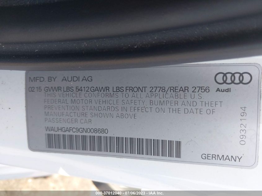 2016 AUDI A6 3.0T PRESTIGE - WAUHGAFC9GN008680