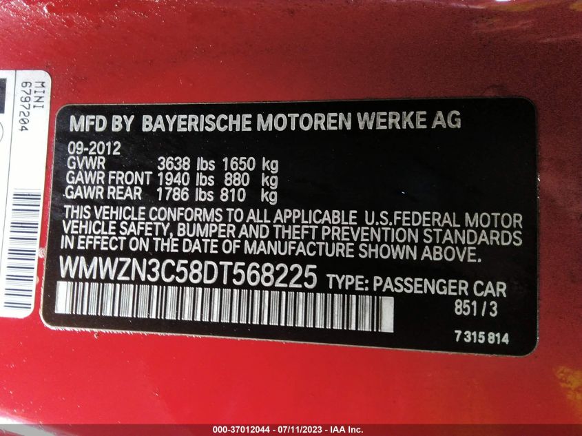 2013 MINI CONVERTIBLE COOPER WMWZN3C58DT568225
