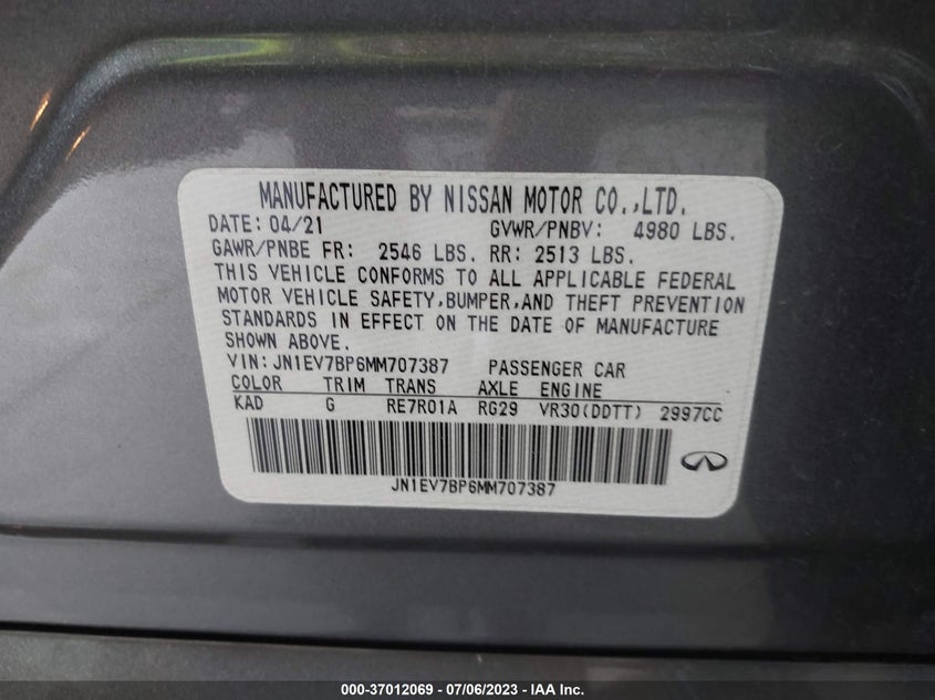 VIN JN1EV7BP6MM707387 2021 INFINITI Q50 3.0T LUXE
