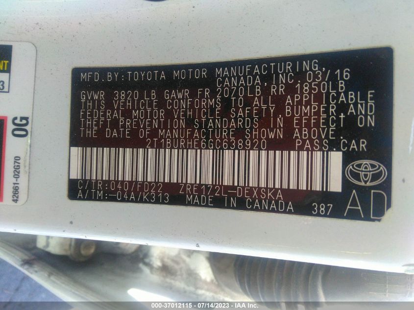 2016 TOYOTA COROLLA L/LE/S/S PLUS/LE PLUS - 2T1BURHE6GC638920